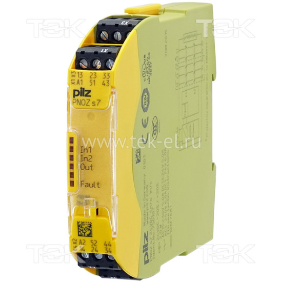 PNOZ s7 24VDC 4 n/o 1 n/c<span> Модуль безопасности: Uпит. 24V DC, выход релейный 4НО, доп. выход релейный 1НЗ, съёмные винтовые клеммы, IP40</span>