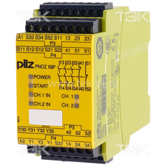 PNOZ X8P 24 VDC 3n/o 2n/c 2so<span> Реле безопасности 2-х канальное: Uпит. 24V DC, выход релейный 3НО, доп. выход релейный 2НЗ + 2хSSR, съёмные винтовые клеммы, IP40</span>