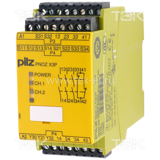 PNOZ X3P 24VDC 24VAC 3n/o 1n/c 1so<span> Реле безопасности 2-х канальное: Uпит. 24V AC/DC, выход релейный 3НО, доп. выход релейный 1НЗ + 1 SSR, съёмные винтовые клеммы, IP40</span>