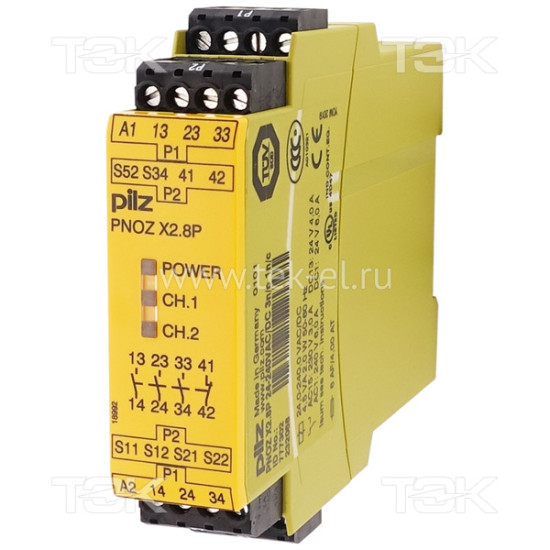 PNOZ X2.8P 24-240VAC/DC 3n/o 1n/c<span> Реле безопасности 2-х канальное: Uпит. 24…240V AC/DC, выходы 3НО, доп. выход 1НЗ, винтовые клеммы</span>