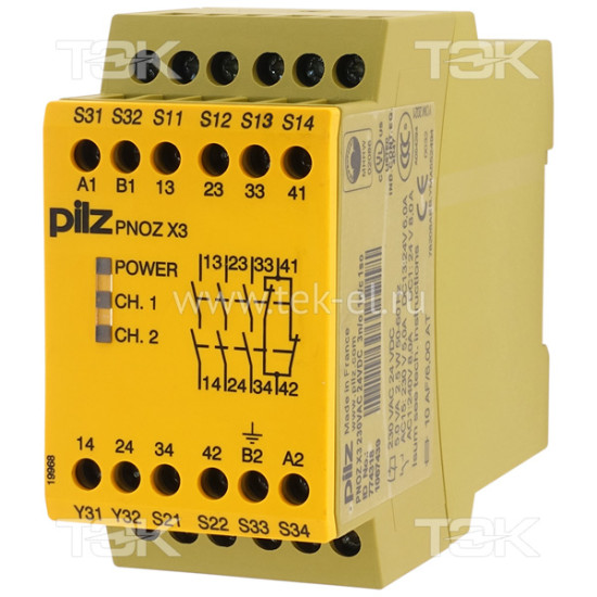 PNOZ X3 230VAC 24VDC 3n/o 1n/c 1so<span> Реле безопасности 2-х канальное: Uпит. 230V AC / 24V DC, выходы 3НО, доп. выходы 1НЗ + 1SSR, винтовые клеммы</span>