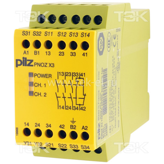 PNOZ X3 110VAC 24VDC 3n/o 1n/c 1so<span> Реле безопасности 2-х канальное: Uпит. 110V AC / 24V DC, выход релейный 3НО, доп. выход релейный 1НЗ + 1 SSR, встроенные винтовые клеммы, IP40</span>