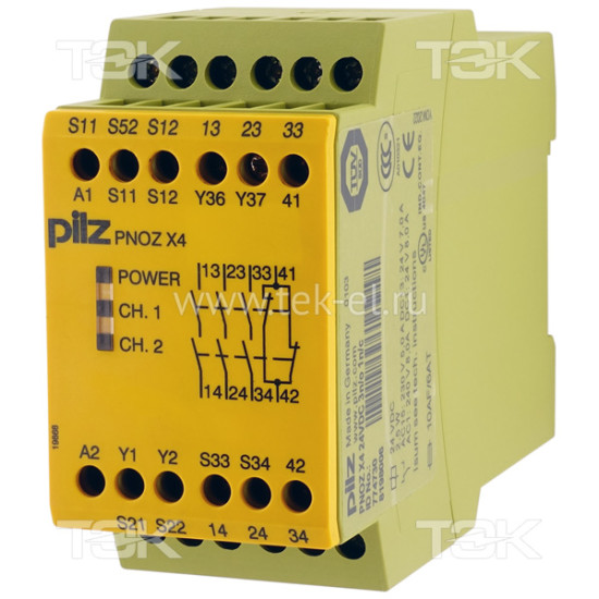 PNOZ X4 24VDC 3n/o 1n/c<span> Реле безопасности: Uпит. 24V DC, выход релейный 3НО, доп. выход релейный 1НЗ, встроенные винтовые клеммы, IP40</span>