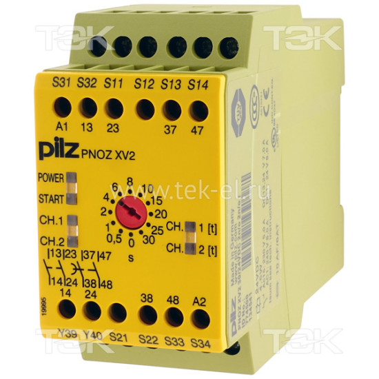 PNOZ XV2 30/24VDC 2n/o 2n/o t<span> Реле безопасности 2-х канальное: Uпит. 24V DC, выход релейный 2НО + 2НО с задержкой срабатывания 0.1…30сек., встроенные винтовые клеммы, IP40</span>