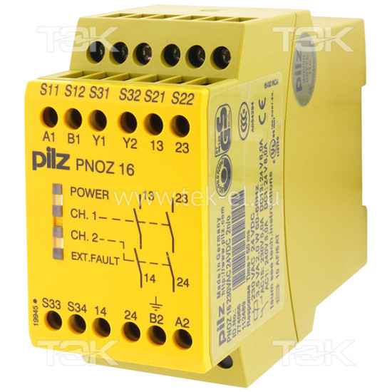 PNOZ 16 230VAC 24VDC 2n/o<span> Реле безопасности 2-х канальное: Uпит. 230V AC / 24V DC, выходы 2НО, винтовые клеммы</span>