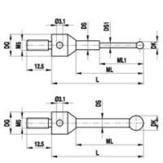 A-5555-0088 контактный центральный щуп звездообразных сборок М5, шарик 1мм, длина 22,5мм, стержень из карбид вольфрама, для систем Zeiss, Renishaw